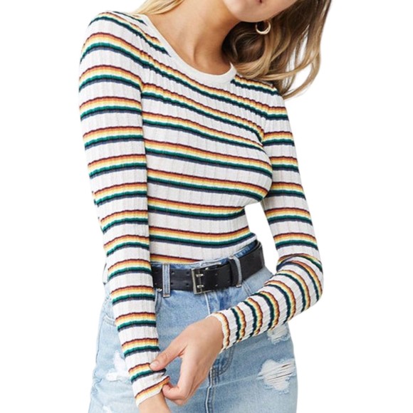 Forever 21 Tops - Forever 21 Multicolor Striped Sweater Top Women's Small Ribbed Stretch Tan